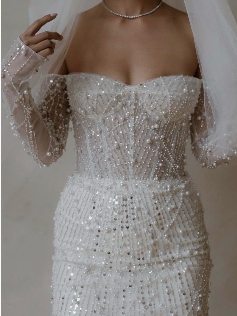 UNTAMED PETALS BY AMANDA JUDGE Ivory Beaded Sheer-Sleeve Mini Dress